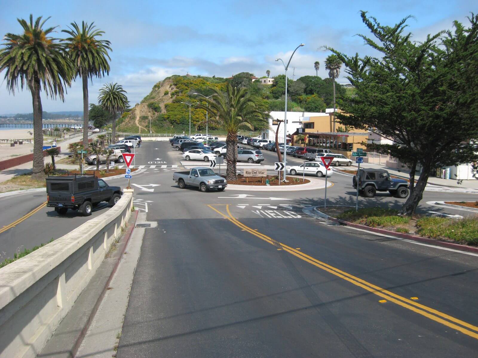 Coastal road with palm trees and vehicles.