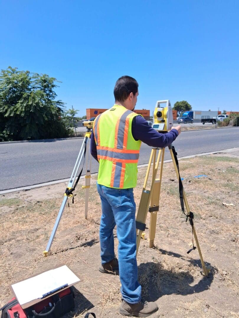 Surveyor using equipment near roadside.