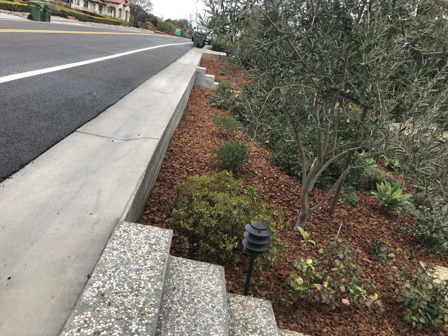 Street view with steps and landscaped garden.